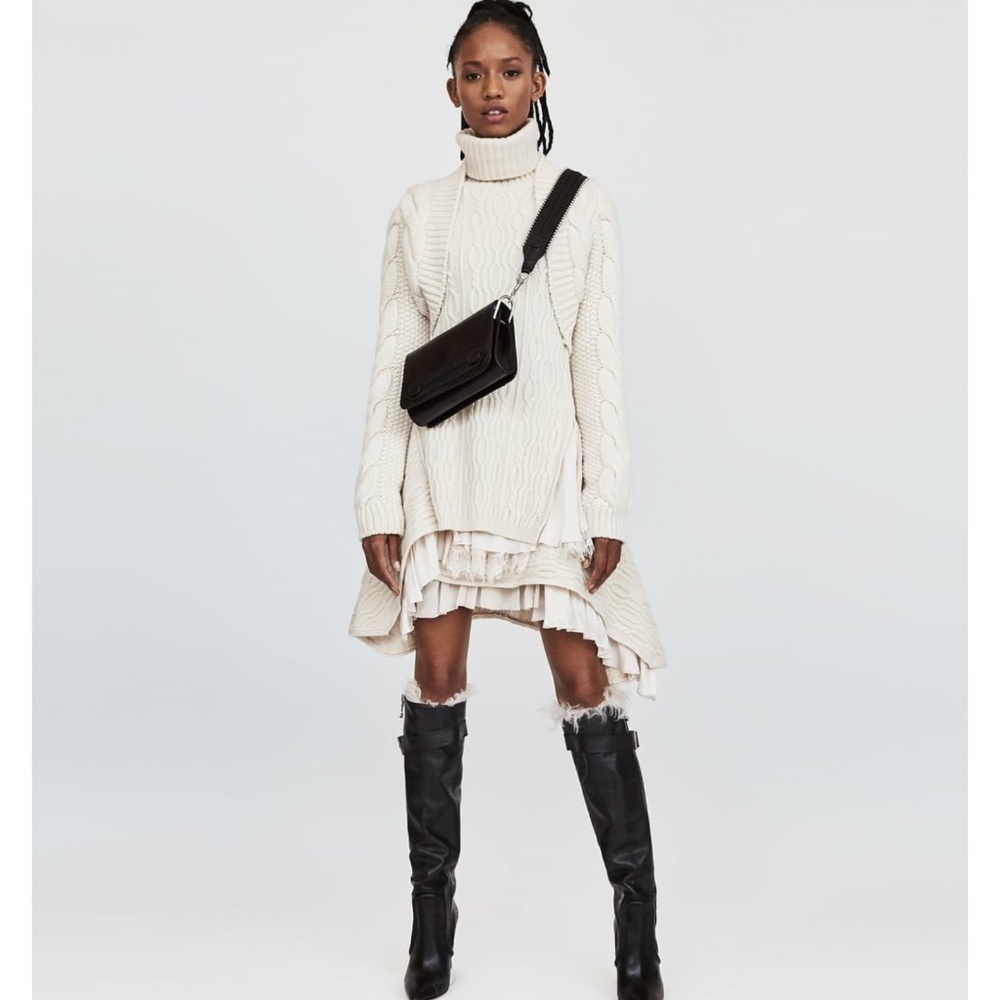 Zara ecru Mixed media cable turtleneck sweater dress. asymmetric hem size S